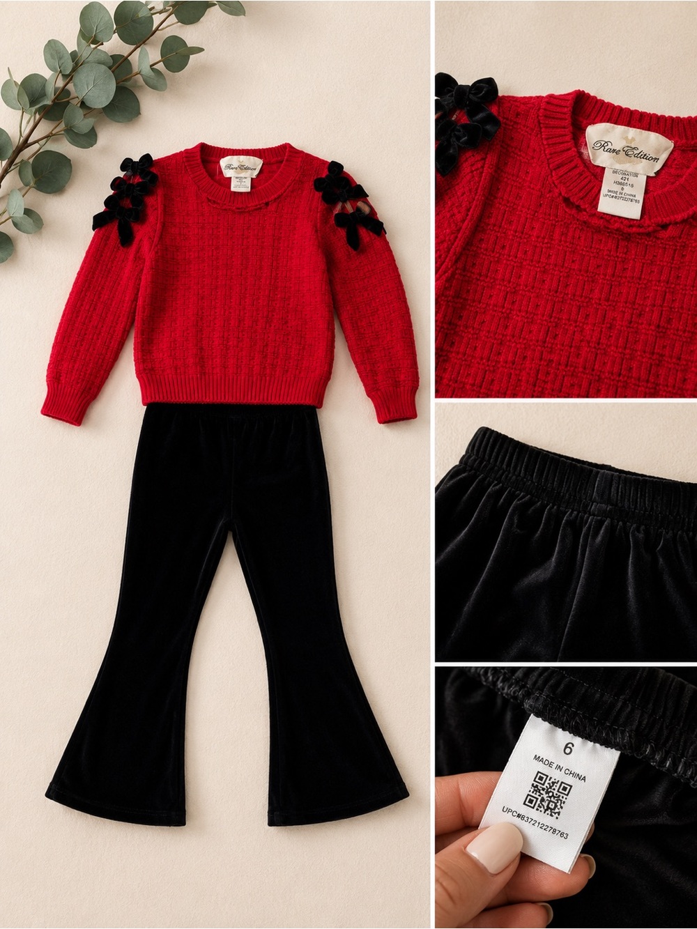 Rare Editions Red Knit Sweater & Black Velvet Flare Pants - Girls